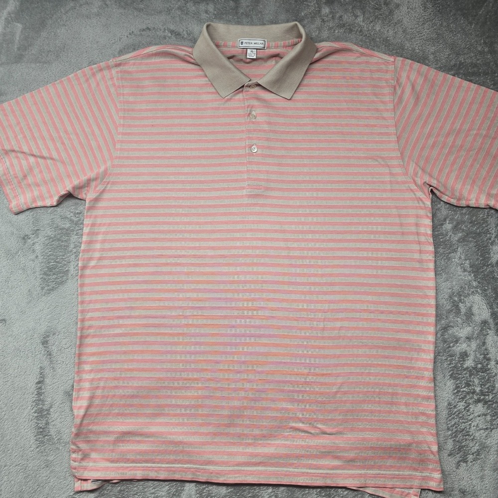 Peter Miller Polo Shirt Mens‎ XL Pink Gray Striped Short Sleeve Golf Performance